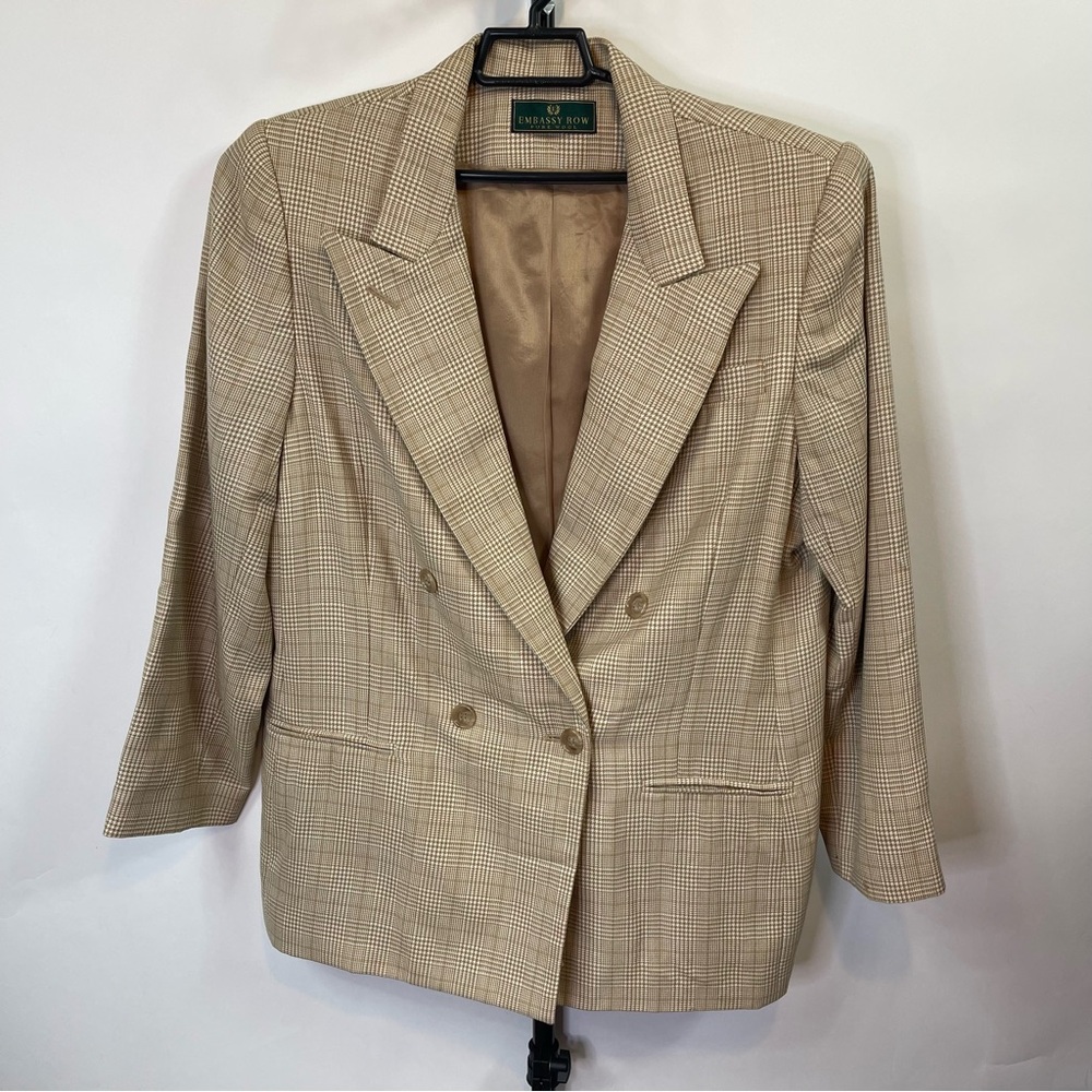 Embassy Row Pure Wool Plaid Blazer Cream Multicolor Size 16 Womens
